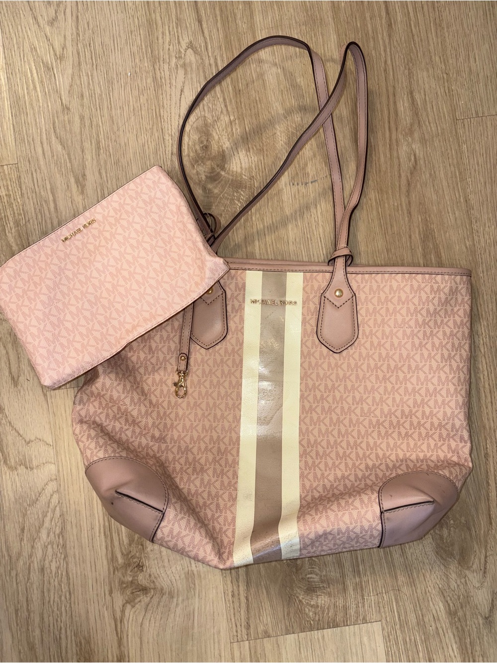 Michael Kors Pink MK Monogram Tote with Stripe and Wristlet